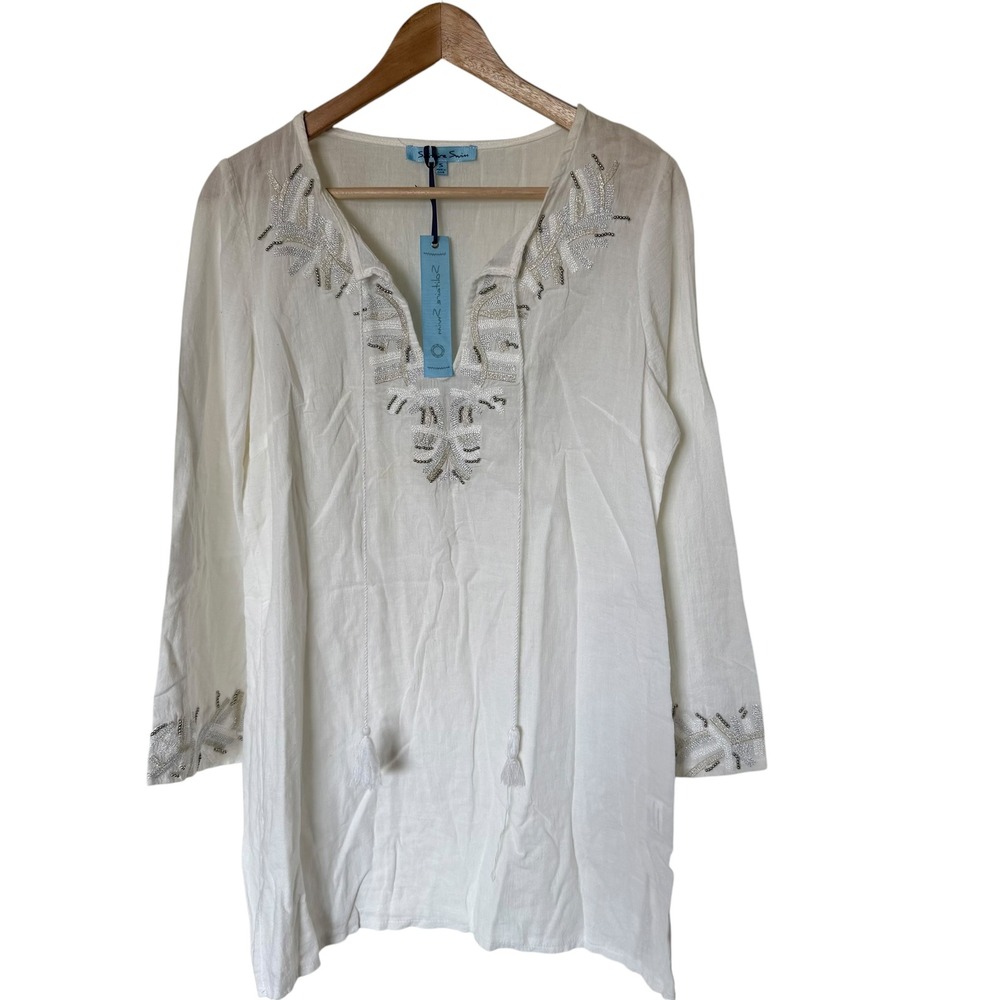 Solitaire Swim Tunic Cover Up Women Small White Good Beaded Cotton 15-1944